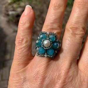 🌷3 for$25🌷Handmade Turquoise Gold & White Beaded Ring, Fits Up to Ring Size 9